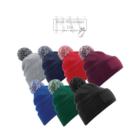 Printers Pom Pom Beanie Hat With Patch
